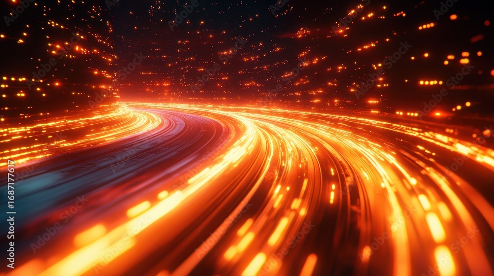 Poster Vibrant Neon Orange Streaks of Light Creating a Dynamic Digital Highway of Data Flow and Future Technology