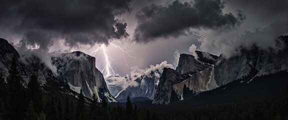 A dramatic lightning strike illuminates the rugged peaks of Yosemite National Park, casting an eerie glow over the misty mountains and dense forest below