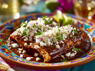 Authentic Mexican Enchiladas with Mole Sauce, Queso Fresco, Red Onion, and Cilantro on a Colorful Plate - Delicious Cuisine