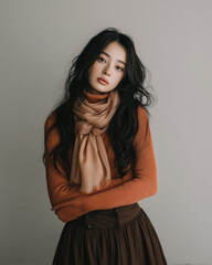 Fototapeta premium Elegant woman portrait in brown dress with beige scarf 