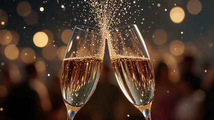 Two champagne glasses clinking together with sparkling wine splashing, festive celebration atmosphere, golden bokeh lights in background, joyful and elegant mood