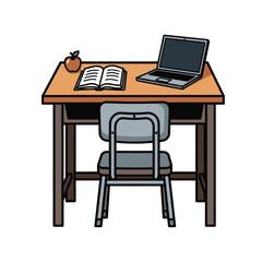 Wooden Student Desk with Laptop, Book, and Apple