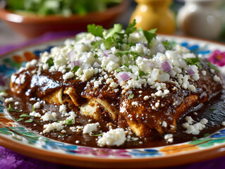 Delicious Mole Enchiladas with Queso Fresco, Red Onion, and Cilantro on a Colorful Plate