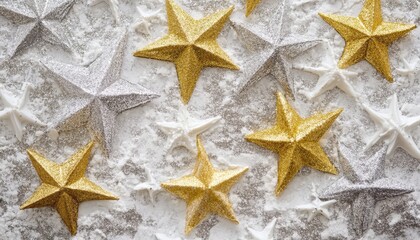Festive Glittering Gold and Silver Star Decorations Scattered on a Textured White Background