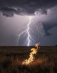 A dramatic lightning strike illuminates a field, casting an eerie glow on the dry grass below 