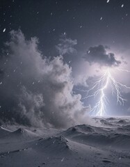 A dramatic night sky over a snowy landscape, with a massive cloud formation and a striking lightning bolt illuminating the scene