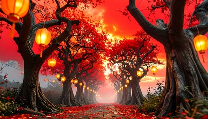 Redfall path, glowing lanterns