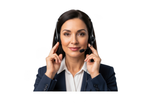 Professional female customer service representative with headset smiling and assisting clients png isolated on transparent background