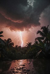 A dramatic thunderstorm illuminates the night sky with a powerful lightning bolt, casting an eerie glow over tropical foliage below