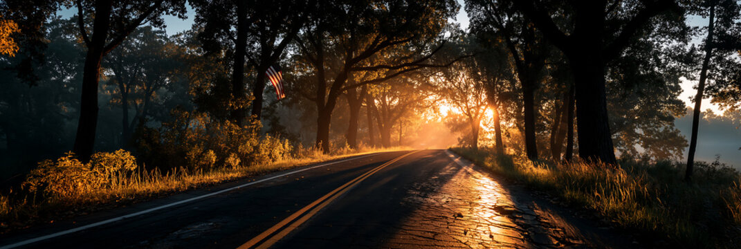 Sunrise road trip scenic drive through forest with american flag view
