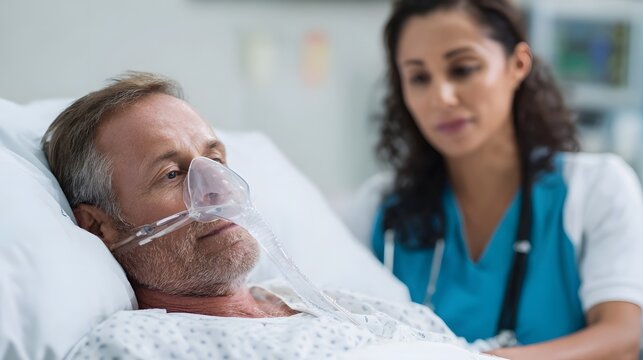 Elderly patient in hospital bed with oxygen mask receiving care from a nurse - Powered by Adobe