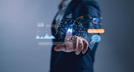 Businessman touching virtual AI brain interface with data analytics elements, symbolizing artificial intelligence command, smart technology, digital generation and machine learning insight