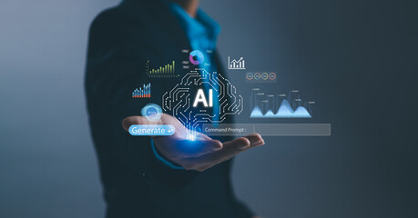Businessman holding glowing AI brain interface with charts and graphs, representing artificial intelligence, data analytics, smart technology, machine learning and digital transformation tools