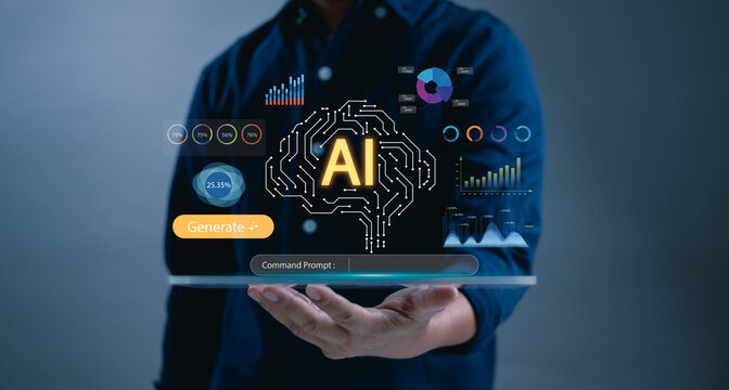 Hand holding virtual AI brain with data dashboard interface, symbolizing artificial intelligence, analytics, machine learning, big data processing and digital business intelligence tools with AI tech