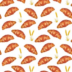 Watercolor seamless pattern with ruddy croissants and ears of wheat on a white background.