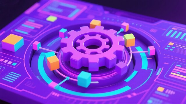 Neon control panel with a central 3D gear on a purple tech dashboard, symbolizing automation, settings and workflow optimization. Perfect background for product pages, SaaS headers, presentations