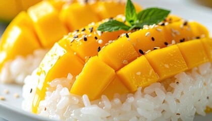 Golden Mango Sticky Rice - Close-up of Sweet Thai Dessert.