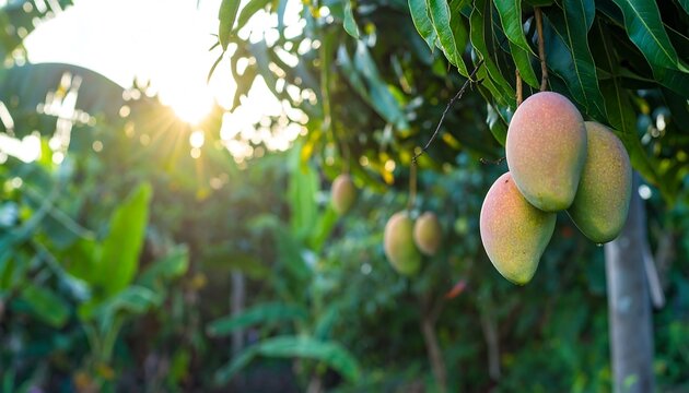 Mangoes hanging from branches in a lush orchard - Powered by Adobe
