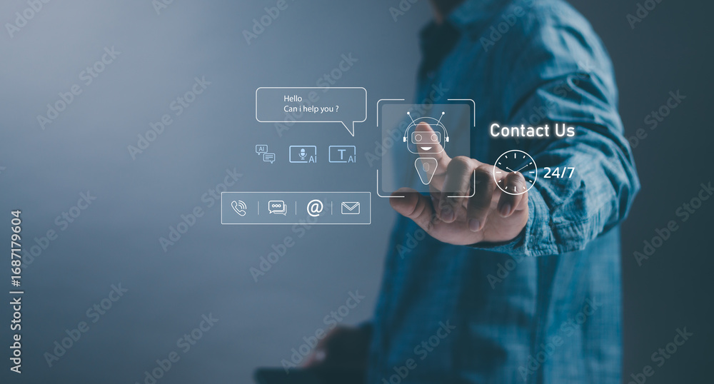 Poster concept of virtual assistant, 24/7 support, voice recognition, communication technology, and artific