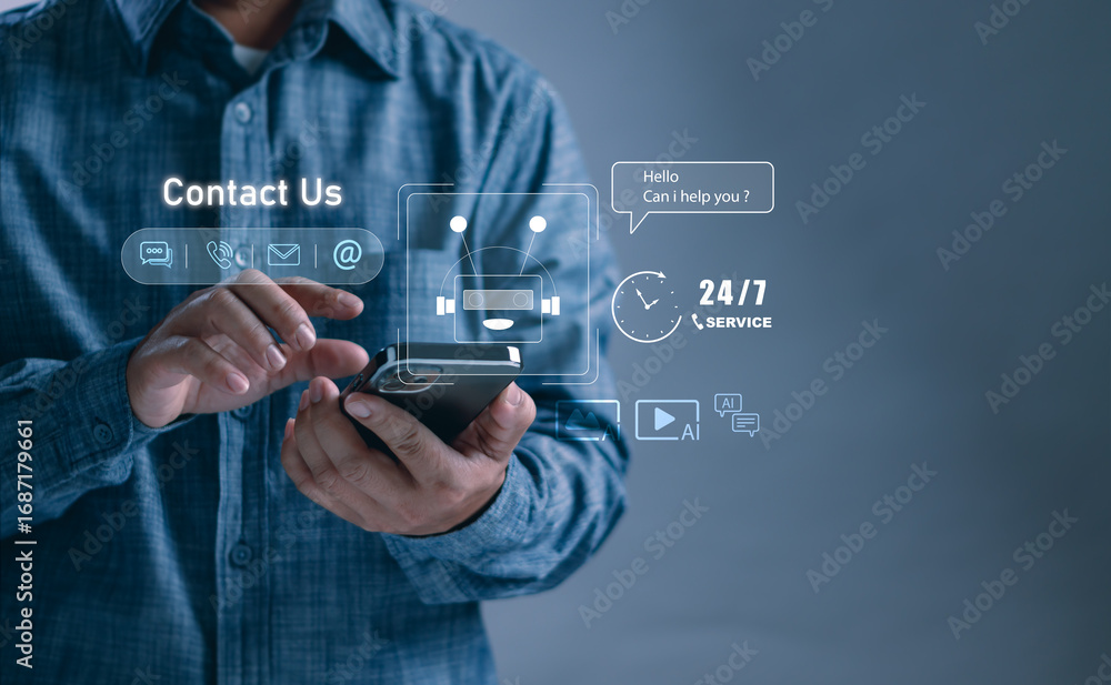 Aufkleber user using mobile phone to access ai chatbot virtual assistant for 24/7 customer service. concept of