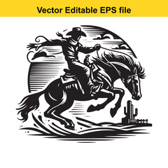 Silhouette of a cowboy riding a horse in the desert with cactus and mountains