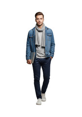 Naklejka premium Full body shot of a stylish man wearing denim jacket, scarf, and holding laptop for fashion isolated on transparent background