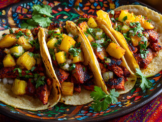 Delicious Tacos al Pastor with Pineapple and Cilantro on a Colorful Plate - Authentic Mexican Cuisine
