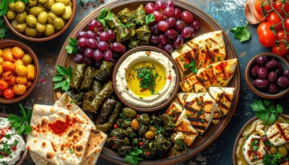 Mediterranean Mezze Platter - Hummus, Grapes, Olives, Grilled Bread, and Stuffed Grape Leaves.