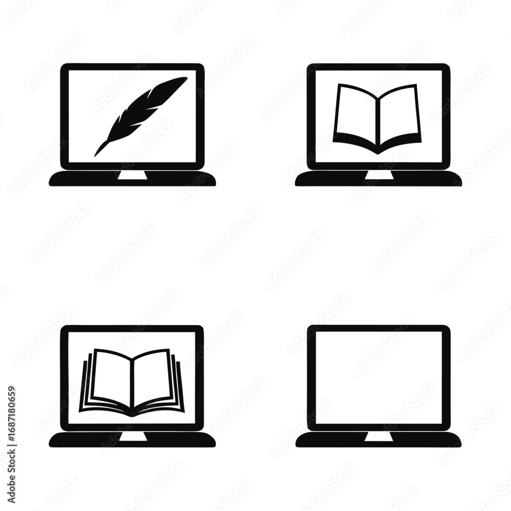 Poster four black computer icons showing a quill pen and open books on screens technology digital
