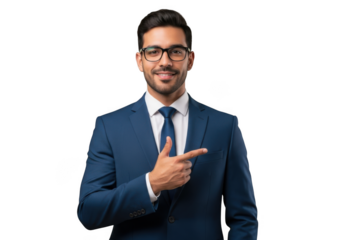 Professional businessman in suit pointing with finger stock photo, business presentation, isolated on transparent background