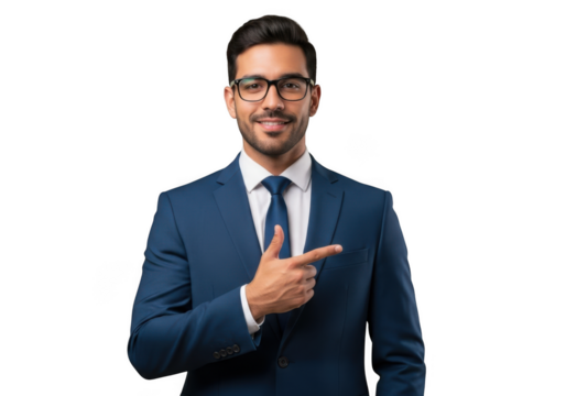 Professional businessman in suit pointing with finger stock photo, business presentation, isolated on transparent background - Powered by Adobe