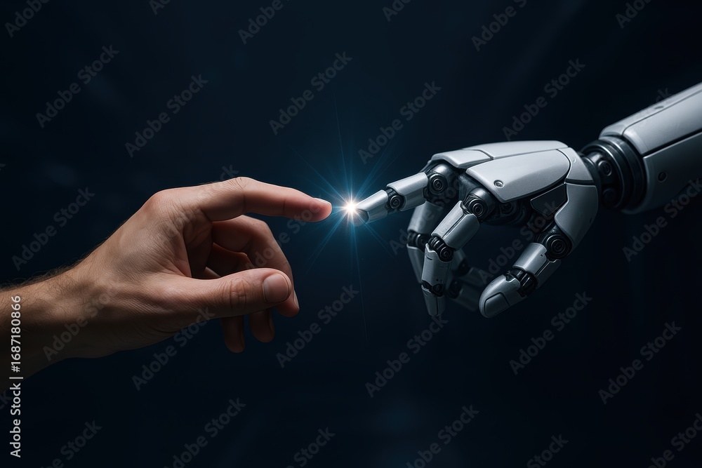 Poster artificial human connection: a symbolic image of a human hand touching an artificial intelligence ro