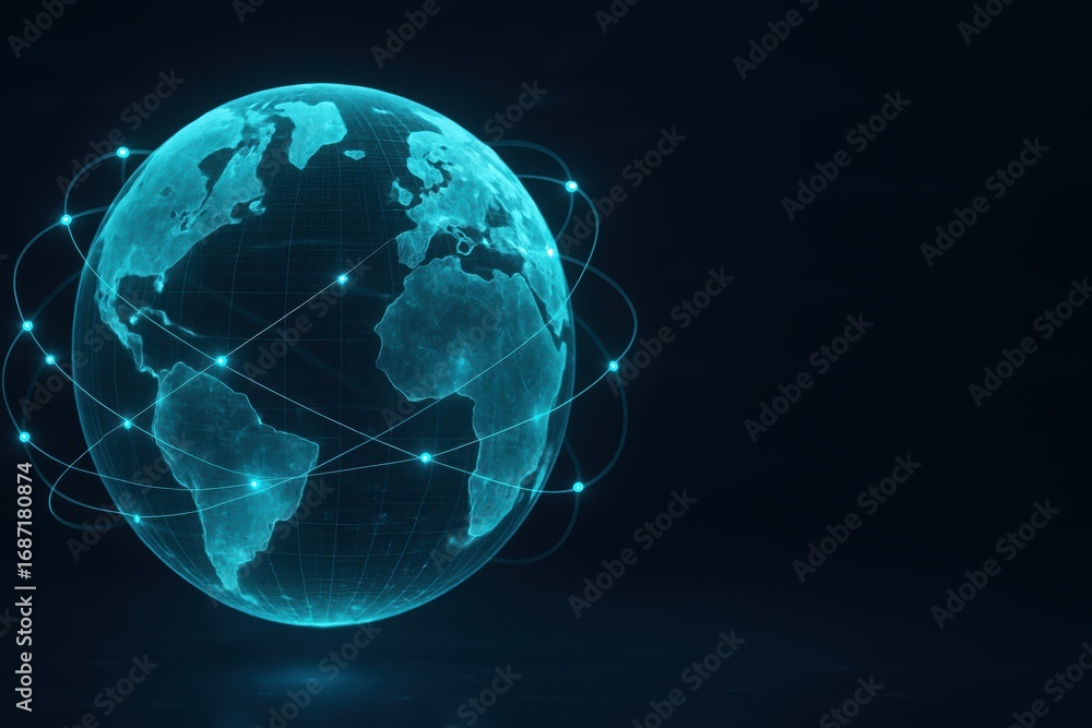 Poster global network of connected dots: a modern depiction of the world, elegantly rendered as a network o
