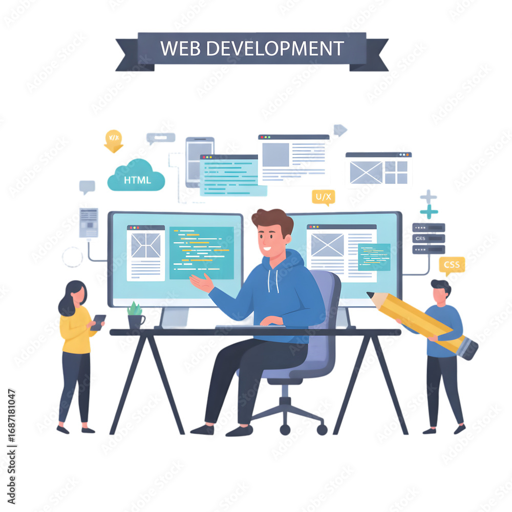 Wall mural web development concept with cartoon people in flat design man programming applications and coding p