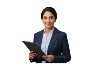 Professional indian businesswoman holding clipboard portrait corporate executive isolated on transparent background