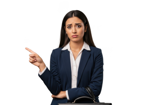 Sad businesswoman pointing left with disappointed expression, presentation or showing something, isolated on transparent background
