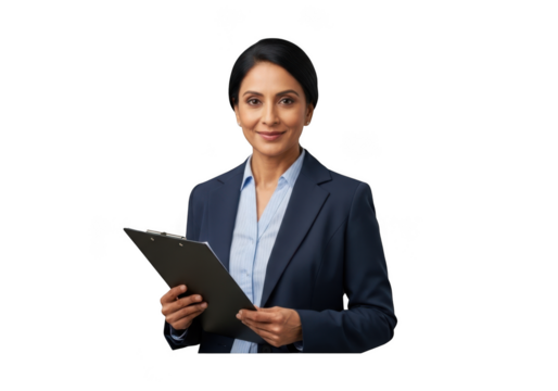 Professional indian businesswoman holding clipboard portrait corporate executive isolated on transparent background