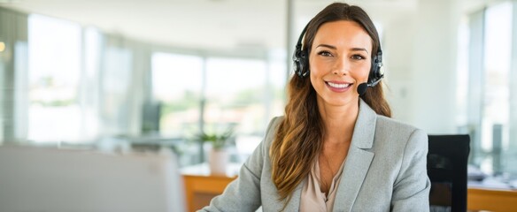The customer service representative in modern bright office smiling while using headset