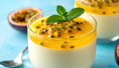 Refreshing Passion Fruit Panna Cotta Dessert with Mint Garnish and Half Fruit.