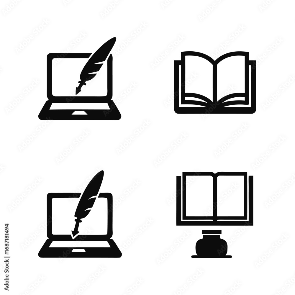 Aufkleber four black icons showing a laptop with quill and an open book computer
