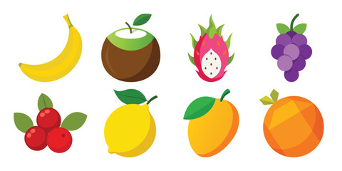 Colorful Fruit Set Vector Illustration Featuring Banana Coconut Dragon Fruit and More
