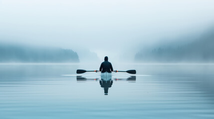 Fototapeta premium A solitary figure in a kayak glides through calm, misty waters, surrounded by serene landscapes and soft blue hues.