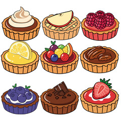 Variety of Delicious Fruit and Cream Tarts in a Cute Cartoon Style