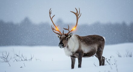 A reindeer stands in a snowy field with glowing antlers