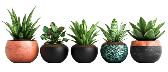 5 potted plants in black, turquoise, and terracotta pots on a wall, with a transparent background.