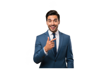 Enthusiastic businessman pointing finger upward in blue suit - stock photo for presentations, marketing, and business needs isolated on transparent background