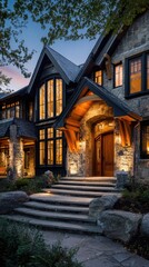 Luxurious home entrance at dusk