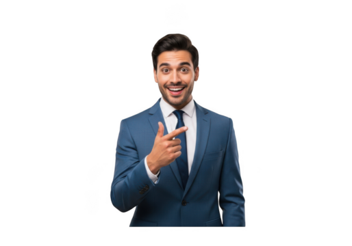 Enthusiastic businessman pointing finger upward in blue suit - stock photo for presentations, marketing, and business needs isolated on transparent background