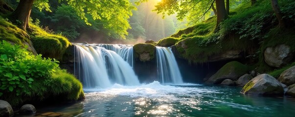 Refreshing summer waterfall cascading over mossy rocks, sunlight dappling through lush green foliage  Perfect for travel, nature, and relaxation themes ,  river,  tranquility, waterfall