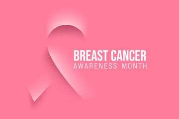 Breast cancer awareness text banner with rose ribbon bow shape on pink background. Minimalistic octobre rose poster